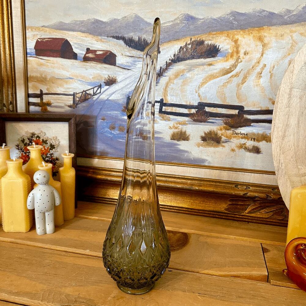 Vintage MCM Fenton Glass Olde Virginia Avocado Green Swung Vase DO NOT BUNDLE